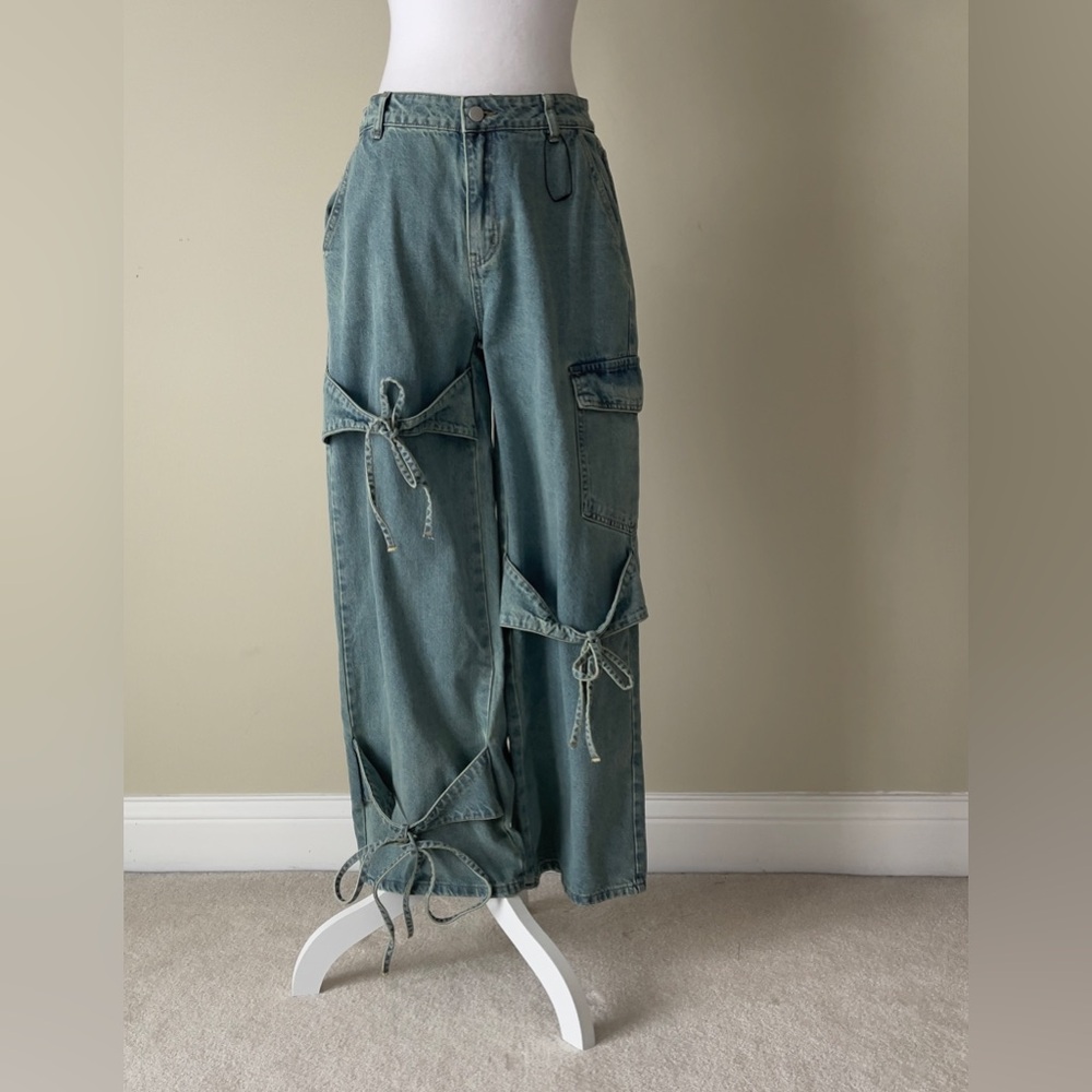 CIDER Denim Low Rise Solid Bowknot Pocket Wide Leg New Oversized Jeans Size M - Picture 5 of 12
